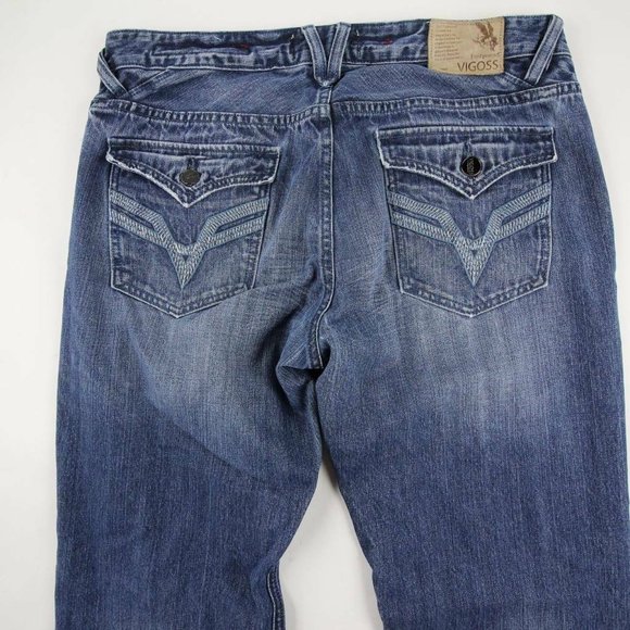 Vigoss Mens Bootcut Jeans Blue Light Denim Embellished Button Fly Size 38x32 - Picture 6 of 12